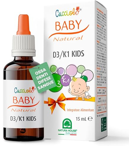 Natura House, CUCCIOLO BABY NATURAL D3+K1 KIDS Gocce 15ml, Integratore Vitamina D3 e Vitamina K1 per Neonati, Supporto Ossa, Denti, Difese Immunitarie e Coagulazione, Naturale, 100% Made in Italy