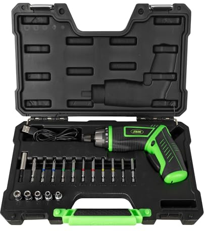 JBM Cacciavite Elettrico Professionale con Set 16 Punte, Kit Avvitatore a Batteria in Valigetta, Impugnatura Ergonomica Verde e Nero, Include 10 Punte da 1 Pollice e 5 Bussole Esagonali