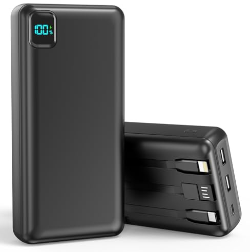Power Bank 50000 mAh di grande capacità – USB C caricatore rapido con cavo integrato, 5 uscite e 2 ingressi display LED, Power Bank compatibile con iPhone, tablet, Android e altro ancora
