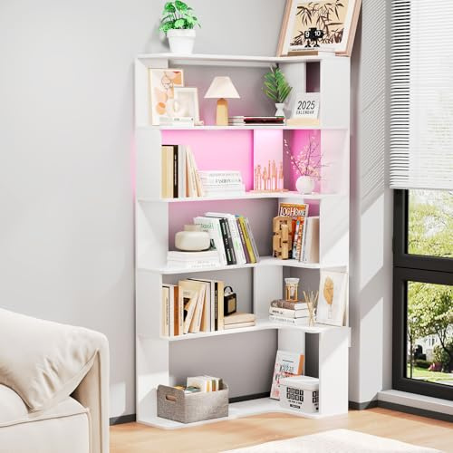 ChromaCasa Eckregal 5-Etagen mit LED-Beleuchtung,Dreieckiges Bücherregal Für Die Ecke,Platzsparendes Regal mit Beleuchtung für Wohnzimmer,Schlafzimmer,Büro,Höhenverstellbar & Wackelfrei (Weiß)