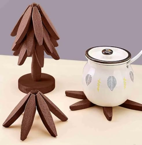 Sottopentola + sottobicchieri in Bambù a Forma di Albero con Supporto – Trivet Pieghevole Salvaspazio, Anticalore, Antiscivolo, Protezione Tavolo per Pentole, Piatti Caldi, Tazze