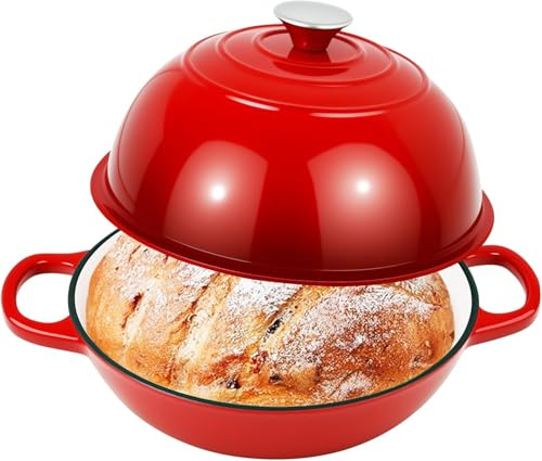 Gusseisen Topf Brot Backen,5,7L/26cm Bräter Emaille Schmortopf mit Deckel und Griffen Brot Backen Zubehör Gusseisentopf Brotbacken Schmortopf Gusseisentopf Brotbacken für Backen Schmoren Braten Rot