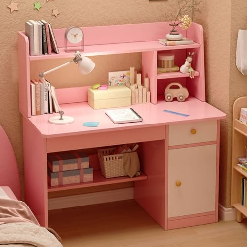 Escritorio Infantil con Estantes y Taquilla,Madera Maciza Mesa Niños Infantil,Rosa Mesa de Aprendizaje Infantil para Dormitorio O Estudio 80 * 40 * 110cm