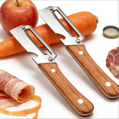 Zero Snag Wooden Peeler, Multifunctional Vegetable Peeler with Wooden Handle, Ultimate Kitchen Tool for Fruit, Vegetables, Meat Slicing (Meat Rolls) & Bottle Cap Opener (2PCS)