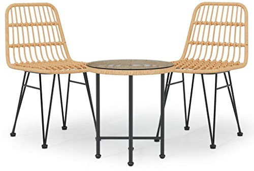 Owoxanthellate 3-TLG. Garten-Essgruppe aus Polyrattan, Bistro-Set für Balkon und Terrasse, Gartentisch mit Hartglasplatte und 2 Stühle mit Rückenlehne, Stabile Sitzgruppe
