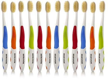 MOUTHWATCHERS Dr Plotkas Spazzolino da denti manuale con filo interdentale morbido per adulti, ultra pulito, buono per denti e gengive sensibili, multicolore, confezione da 12