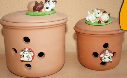 Lot de 2 bocaux en terre cuite porte ail et porte oignon avec vache Alice, 15 x 15 x 20 cm