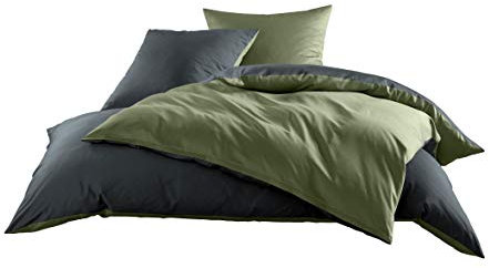 Bettwaesche-mit-Stil Mako Satin Baumwollsatin Wende Bettwäsche Garnitur - viele Farben und Größen (dunkelgrün - anthrazit, 1x 135x200 + 1x 80x80 cm)