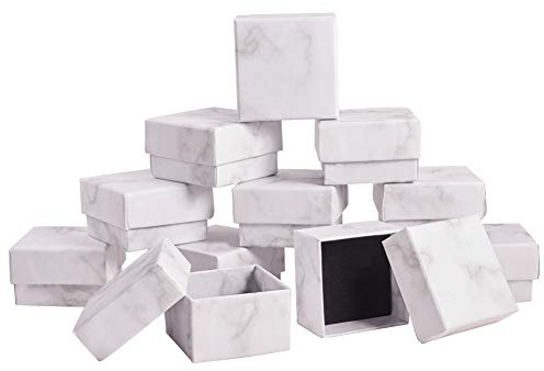 BENECREAT 24 Pack Caja de Cartón Craft para Joyería con Almohadilla de Terciopelo 5x5x3cm Envase Elegante de Joya con Dibujo de Canica para Presentación de Anillo