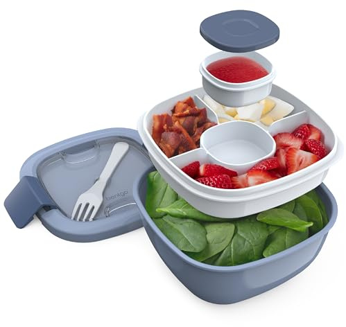 Bentgo Salad Container - 54 oz Bowl with 4-Compartment Toppings Tray, Leak-Proof Dressing Container, Reusable Fork, BPA-Free Lunch Box for Meal Prep & Food Storage; Removable Bento Tray (Slate)