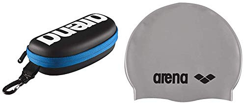 ARENA Unisex Schwimmbrillen Etui zur Aufbewahrung der Schwimmbrille (Hartschale, Karabiner), Black-White-Royal (507), One Size & Unisex Badekappe Classic Silikon