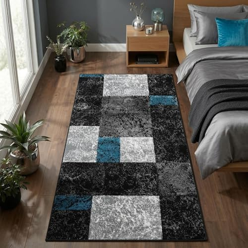 Carpetsale24 Teppich Läufer 80x150 cm Kurzflor Konturenschnitt in Schwarz Grau Blau Kariertes Design, Waschbar, Pflegeleicht, Extra Weich Für Flur, Küche, Schlafzimmer