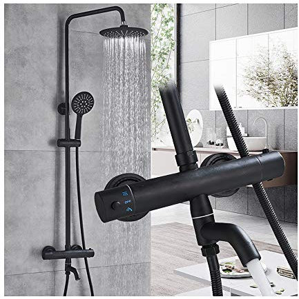 GLYYR Colonne de Douche, Noir Thermostatique Ensemble de Douche Montage Mural Multifonctionnel Systeme de Douche avec Ronde Pommeau de Douche, 3 Fonction Douche à Main, Robinet de Baignoire
