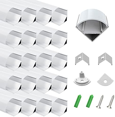 inShareplus 20 Pack, 3.3ft/1 Meter, Silver, LED Aluminum Channel System V Shape with Milk White Cover, End Caps and Mounting Clips, Aluminum Profile for LED Strip Light Installations