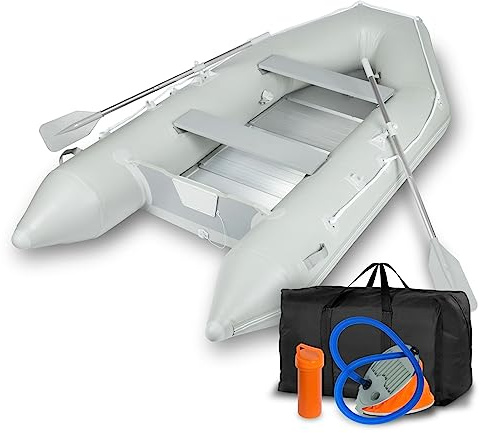 EBERTH Gommone gonfiabile barca da pesca in robusto PVC per 4 Persone + 1 Bambino, 3,20m x 1,50m, 2X Panca, 2X pagaie, Pavimento Alluminio, Kit Riparazione, Pompa, Borsa Trasporto, Fino 566kg