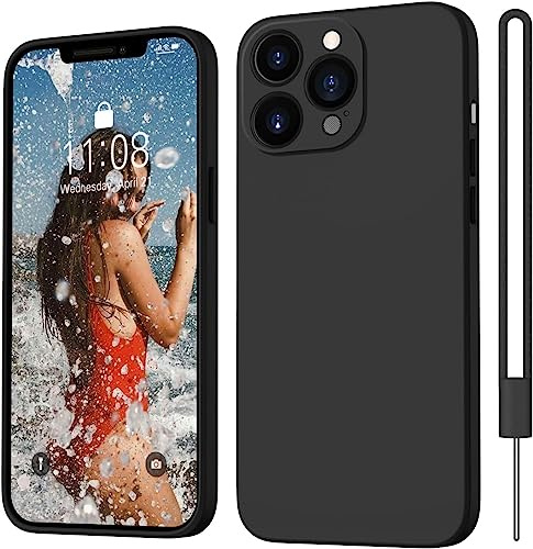 ORDA für iPhone 13 Pro Max Hülle Silikon mit Trageband, Schwarz | Ultra Dünn Slim mit Microfiber, Stoßfes Kratzfeste, Vollständiger Kameraschutz Handyhülle