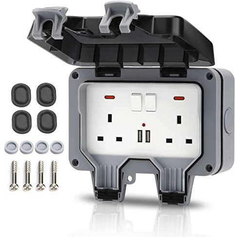 GothicBride Outdoor Socket IP66 Weatherproof Wall Electrical Outlets 2 Gang Switched with USB Charging Port with Installation Tool