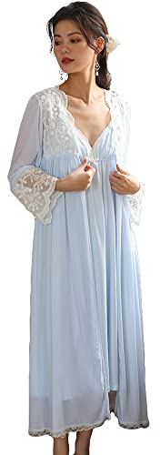 Sharebeauty Vintage Victorian Dressing Gown Set for Women Lady's Palace Style Princess Loungewear Nightgown Nightdress Sleepwear Nightshirt Pajamas Light Blue L