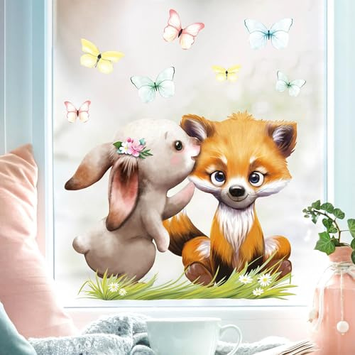 Wandtattoo Loft Fensterbilder Frühling Fuchs und Schmetterlingen Motiv – A3 Bogen, Wiederverwendbar – Frühlingsdeko Fenster, Frühlingsbild Fenster, Fensterdeko Frühling, Fensterfolie Frühling