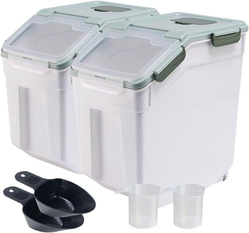 Uotyle 2Pcs 10KG Plastic Food Storage Container Box with Lid & Wheels – Large Airtight Pet & Kitchen Organizer Bin for Dog & Cat Food, Flour, Cereal, Nuts, Beans, Includes Measuring Cup & Scoop(Green)