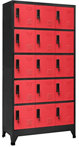 Keketa Schließfachschrank mit 15 Fächern Metallschrank Spind Umkleideschrank Lagerschrank Metallspind Kleiderschrank Mehrzweckschrank für Büro Wohnzimmer Anthrazit und Rot 90x40x180 cm Stahl
