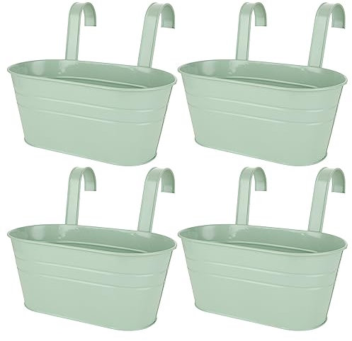 APACALI 4 PCS Metal Hanging Flower Pots, 27cm Over Fence Planters, Balcony Planters for Railing, Fence Hanging Planter with Detachable Hooks, Hanging Plant Pots Outdoor for Fence, Garden, Home, Green