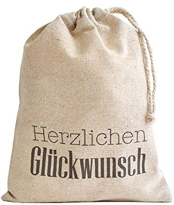 | 3 Geschenkbeutel mit Gruß, Leinensäckchen, Stoffbeutel mit Kordel,Geschenkverpackung aus Leinen-Baumwollstoff - 21x17 cm -(Herzlichen Glückwunsch)