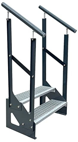 Kaminbau Mierzwa Premium Treppe Anthrazit Freistehend 2 Stufen(Verzinkt) beidseitigem Geländer (Breite 1000 mm) (Höhe 38cm) Wetterfest Gitterroststufe Gartentreppe