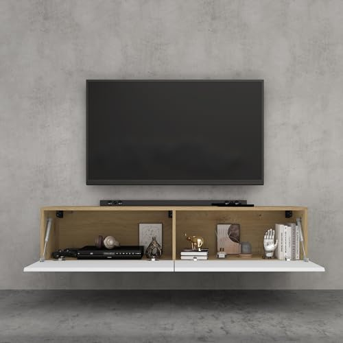 doporro TV Lowboard Schrank mit Gasdruckfedern Fernsehschrank hängend | TV Board mit Klapptür, viel Stauraum, Wand Fernsehtisch in Kerneiche und Matt Weiß, Breite: 140 cm, Fernsehschrank02