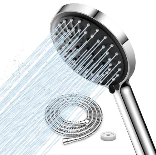 FASDUNT Soffione doccia cromata con tubo flessibile di alta qualità da 2 m, in acciaio inox e limitatore di flusso da 9,5 l/min, filtro per soffione doccia autopulente, materiale ABS di alta qualità