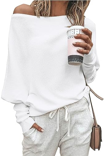 Zenlonr Women's Fall Sweaters 2026 Casual Long Batwing Sleeve Loose Off Shoulder Knit Pullovers Jumper Tops(White,Medium)