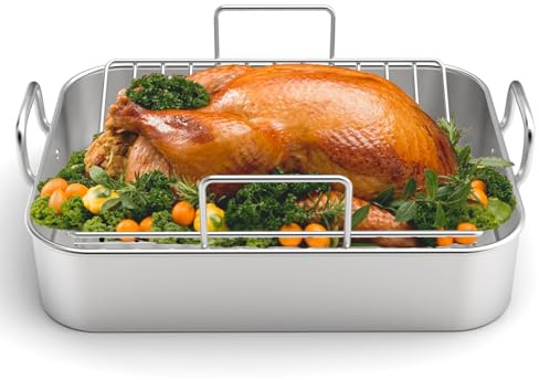 Roasting Pan, EWFEN 17*13 Inch Stainless Steel Turkey Roaster with Rack - Deep Broiling Pan & V-shaped Rack & Flat Rack, Non-toxic & Heavy Duty, Great for Thanksgiving Christmas Roast Chicken Lasagna