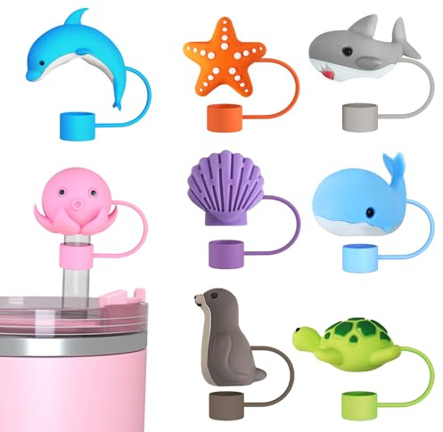 8pcs Sea Animal Cute Straw Cover Cap for Stanley Cup, Silicone Straw Topper for 30&40 Oz Stanley Tumbler with Handle,10mm 0.4in Dust-Proof Toppers for Water Bottle