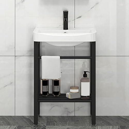 Waschbecken, Standwaschbecken, weiße Keramik-Konsole, Waschbecken, freistehend, Porzellan, rechteckig, mit Edelstahl-Metallbeinen, Ständer, Waschtisch-Waschbecken mit schwarzem Ständer (Größe: 51 x 37