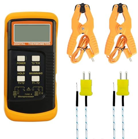 Digital K Type Thermometer (-50-1300°C) Dual Channel 2 Thermometer Pipe Clamp and 2 Sensor Probes