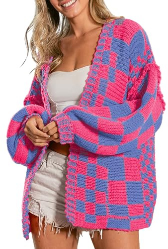SELINK Women's Cardigan Sweater Vintage Open Front Mixed Checkered Pattern Chunky Knit Plaid Long Sleeve Daily Outwear, Pink, XL