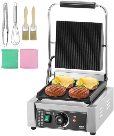 VEVOR Griglia per Panini Commerciale, 1800 W Pressa per Sandwich in Acciaio Inox, Griglia per Panini con Controllo della Temperatura, Piastra Piatta Smaltata 225 x 230 mm per Hamburger Bistecca Bacon