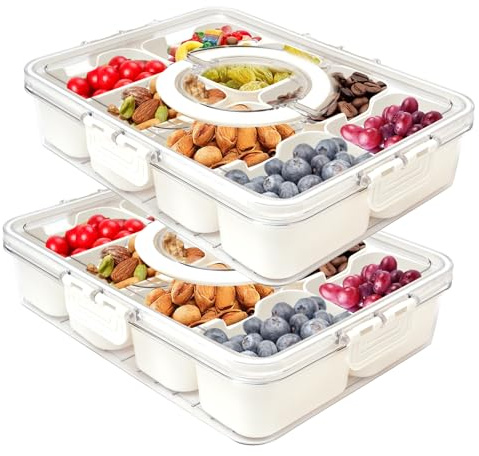 Snackbox mit Fächern 2 Stück, Snackteller Mit Deckel Snackbox Kinder,Snackschale Mit Deckel Herausnehmbare Fächer Geeignet zur Aufbewahrung von Süßigkeiten, Gemüse, Keksen, Obst, Geeignet für Picknick