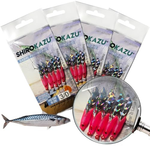 SHIROKAZU Sabiki Mackerel Feather Rigs – Reflective Luminous Glow Fishing Lures with Anti-Rust Steel Hooks, Sea Fishing Bait Rigs for Bass, Mackerel, Herring, Trout, Perch & Carp (Pink Squid, 4 Packs)