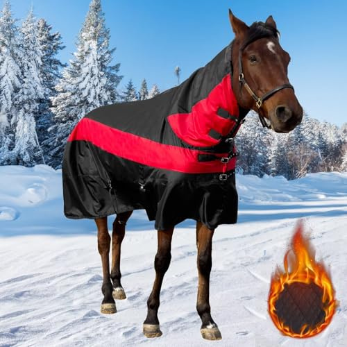 Kabahorze 1600D wasserdichte Pferdedecke, Winterdecke für Pferde, 400 g Füllung, abnehmbarer Halsbezug, Größe 145 cm, Schwarz und Rot