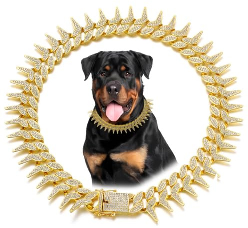 Gold Cuban Link Dog Collars, Cool Spiked Style Dog Chain Necklace Bling Diamond Glitter Rhinestone Puppy Collar for XXS XS Small Medium Large Pet Dogs, 14-Inch