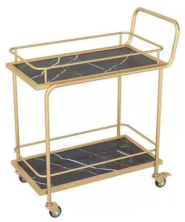 küchenwagen Moderner Barwagen for zu Hause, 2-stöckiger Küchen-Servierwagen mit Rädern, mobiler Getränkewagen, Weinwagen, Getränke-Stehtisch for Küche, Esszimmer, Wohnzimmer, Gold Küchenregal(Schwarz)