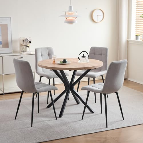 DEYARNA HOME Essgruppe 5-Teilig, 100cm Runder Esstisch und 4 Esszimmerstühle (Cord), Tisch und 4 Stühle für Küche, Wohnzimmer, Balkon, Restaurant, Büro (Helle Holzfarbe+Grau (Cord))