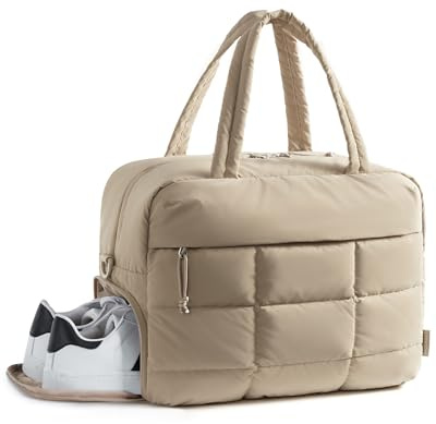 BAGSMART Puffer Reisetasche, kleine Sporttasche für Damen, wasserabweisender Weekender mit Schuhfach, Kamel