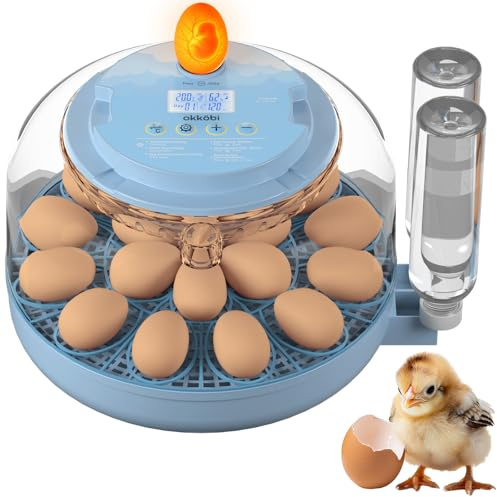Okköbi Incubadora de Huevos Automática 18 Huevos – Botellas de Agua, Ventilación, Vista 360° y Luz para Revisar Huevos, Incubadora con Giro Automático, Control de Humedad
