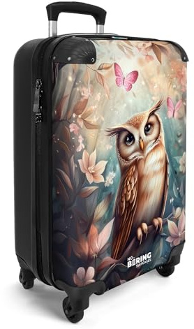 NoBoringSuitcases© Handgepäck Koffer Kinder Kinderreisekoffer Kinderkoffer | 55x35x20 cm - mit Roller Leicht Cabin Trolly Hartschalenkoffer Kind Eule - Schmetterlinge - Wald