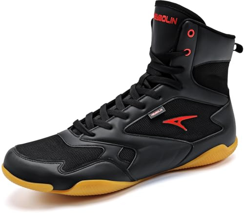 ASHION Men's Wrestling Shoes Boxing Shoes Lightweight High Top Fitness Sneakers Weightlifting Powerlifting Shoes Zero Drop Sole Black Red Size 41