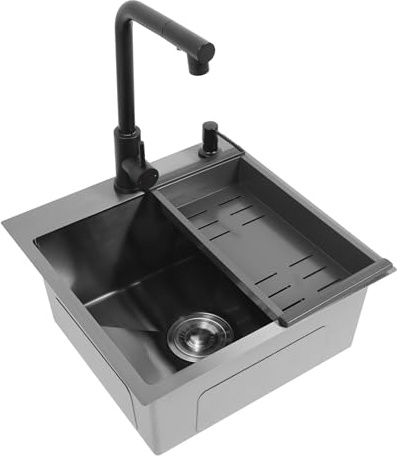 Fregadero de cocina de acero inoxidable con grifo, color negro, 45 x 45 cm, incluye grifo extensible, dispensador de jabón y desagüe