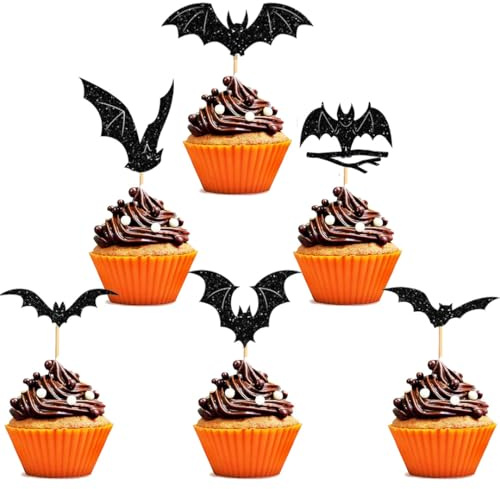 PINEPAN Halloween Cupcake Toppers Fledermaus Muffin Dekoration Glitzer Schwarze Fledermaus Happy Halloween Kuchendekoration für Babyparty Kindergeburtstagsparty Kuchendekorationen 24 Stück