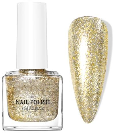 Gold Glitter Nail Polish - Holographic Nail Polish Quick Dry - Highly Shiny & Chip Resistant Gold Nail Varnish - Metallic nail polish for DIY Nail Art, No Need UV Lamp
